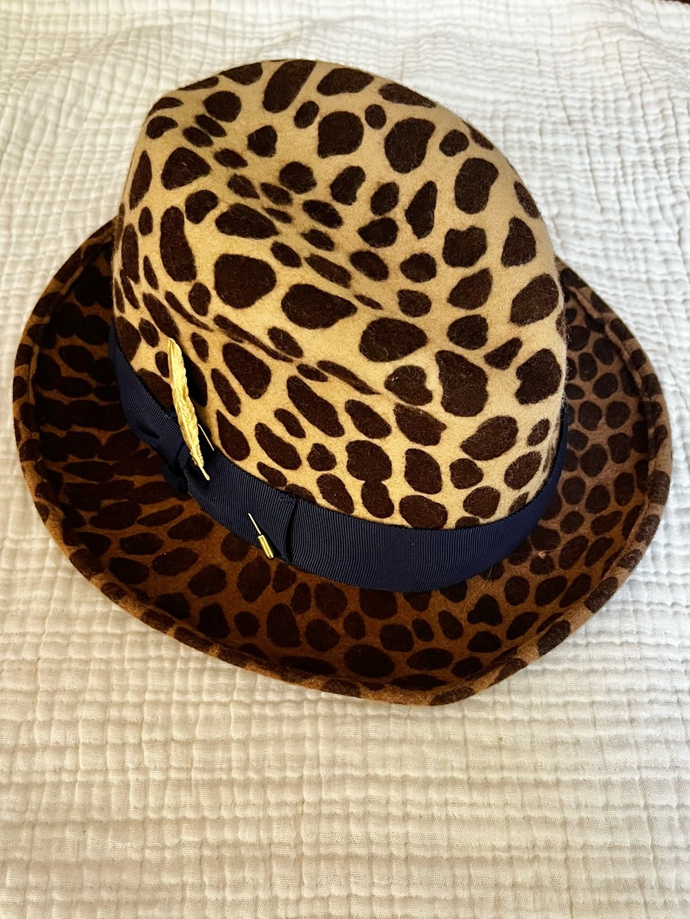 LOLA HATS Felt Cheetah Leopard Feather Pin Fedora Hat Navy